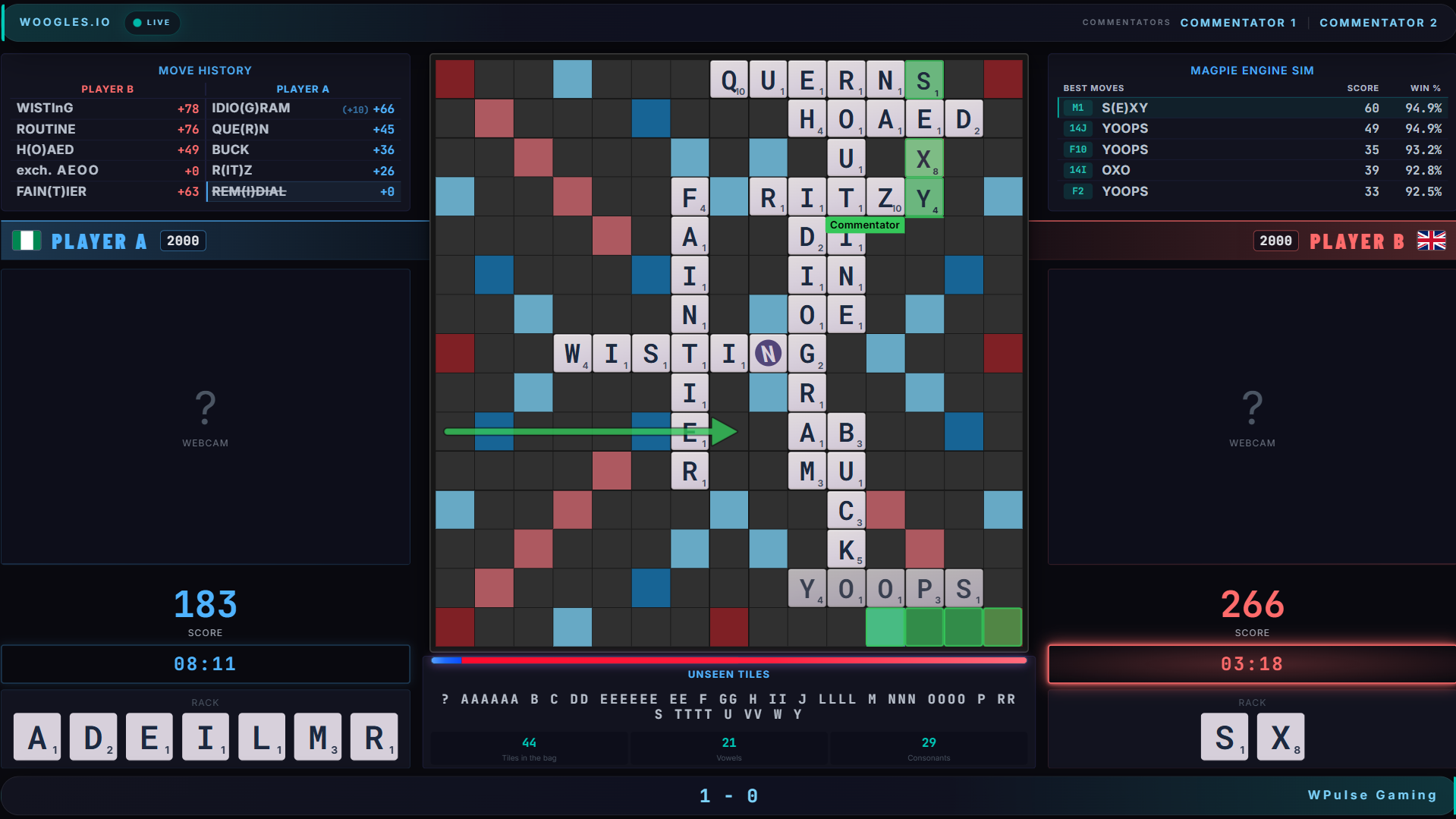 The WPulse stream overlay in the dark theme: the live board in the centre, move history and the engine's best moves along the top, each player's name, score, clock and rack at the sides, and the unseen tiles and evaluation bar under the board.